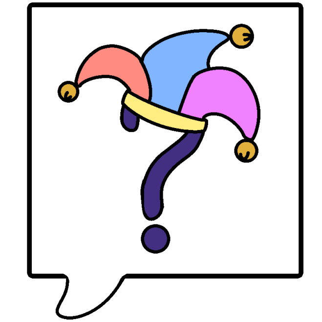  A purple question mark wearing a red, blue, and pink jester hat in a white speech bubble.